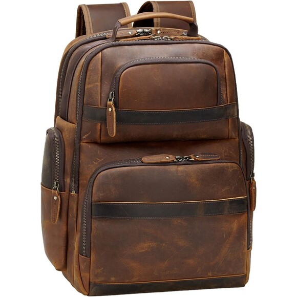 TIDING Full Grain Leather Backpack Travel Laptop Bag 15.6” Large Capacity Brown - Picture 2 of 16